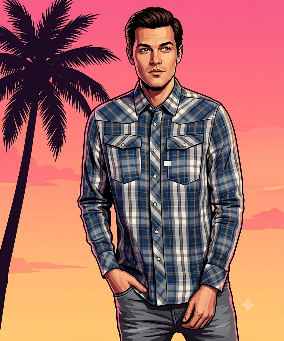 GTA Style Half-Body Portrait with Sunset Cinematic Digital Art Original